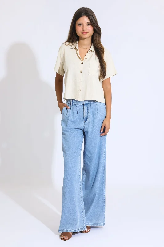 Taylor Wide Leg Trouser Jeans - Light Indigo Casual Distressed Denim Jeans