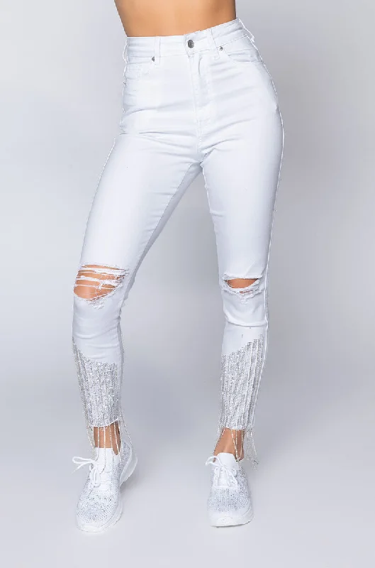 TOO GOOD HIGH WAISTED RHINESTONE FRINGE SKINNY JEANS WHITE Trendy Wide-Leg High-Waist Denim