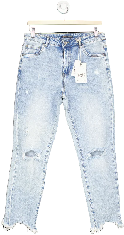 Toxik3 Light Blue Frayed Hem Jeans UK 12 Comfortable Mid-Rise Jeans