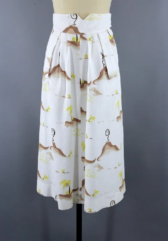 Vintage 1940s Hawaiian Novelty Print Skirt high waist skirt