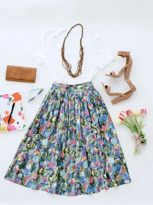 Vintage 1950s Novelty Print Skirt flowy skirt hem