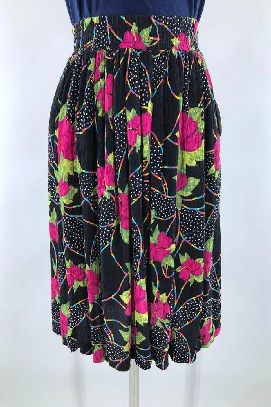 Vintage 1980s Black Rainbow Floral Skirt wool skirt warm