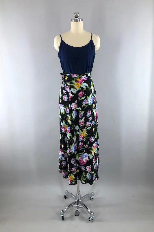Vintage Black Floral Print Wrap Skirt leather skirt modern