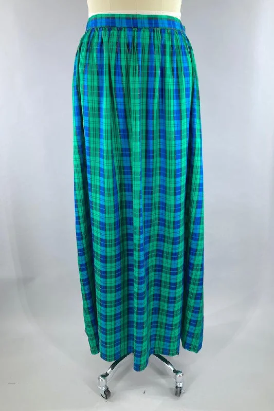 Vintage Blue and Green Plaid Maxi Skirt floral skirt print