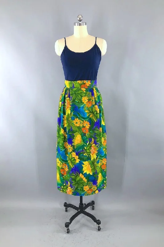 Vintage Green Hawaiian Print Maxi Skirt velvet skirt luxurious