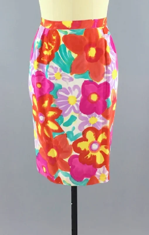 Vintage 1980s Silk Floral Print Pencil Skirt midi skirt versatile