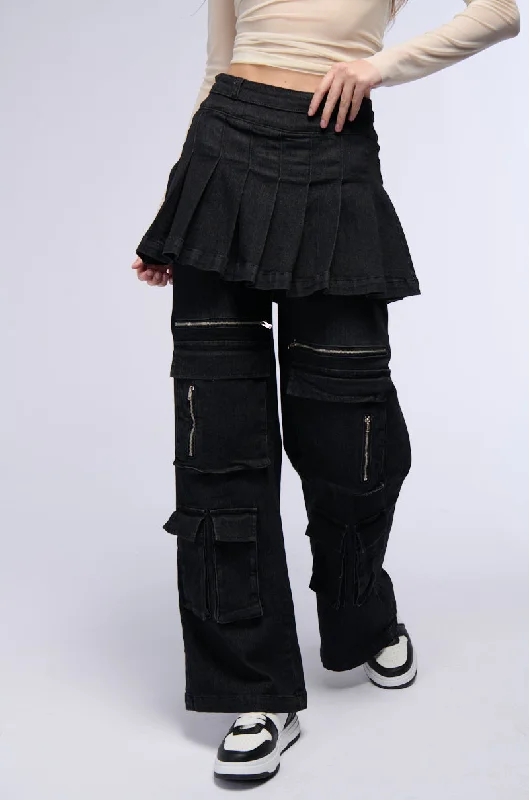 WANT U BACK WIDE LEG DENIM PANT WITH SKIRT zip skirt side