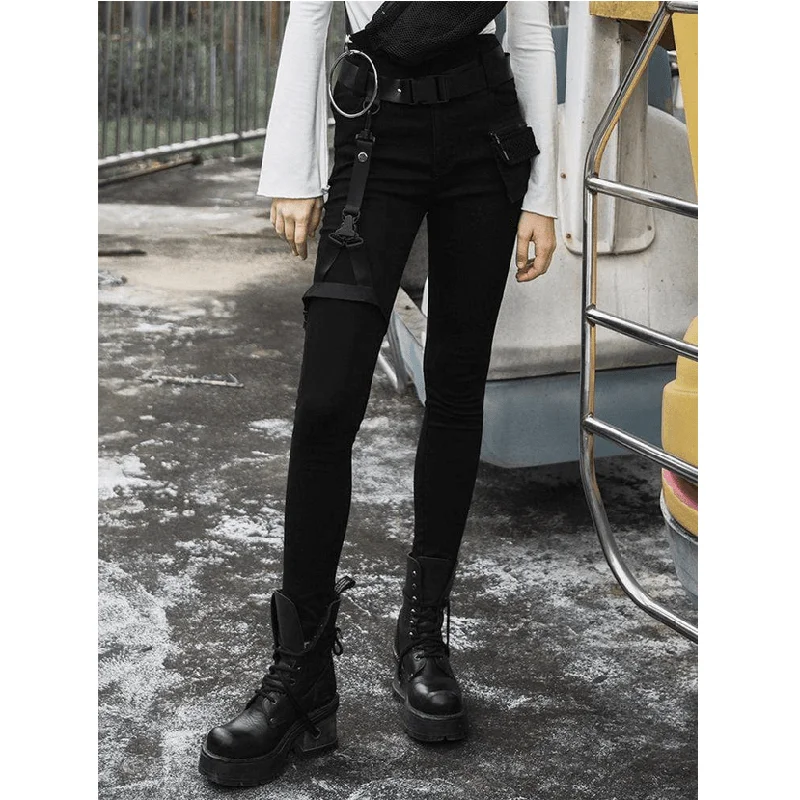 Women's Goth High-waisted Straps Skinny Jeans Trendy Patchwork Denim Jeans