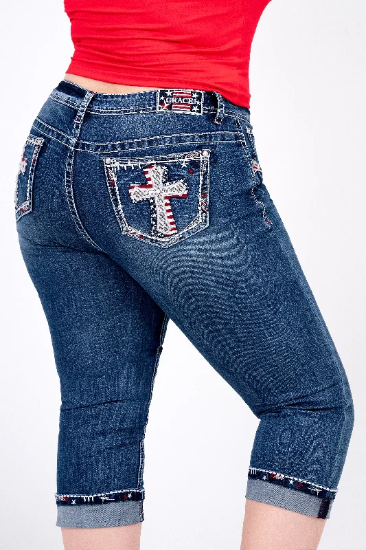 Americana Cross Embellished Women's Plus Size Capri Jeans Chic Cropped Jeans
