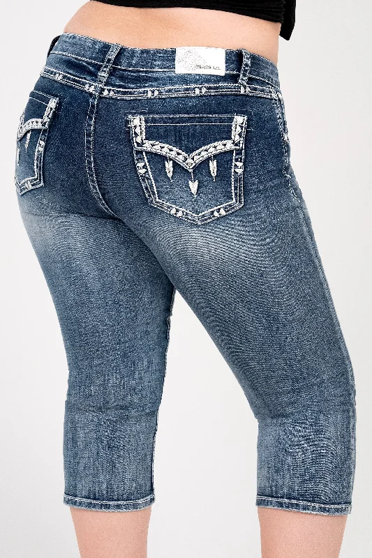 Arrow Head Embroidered Pocket Plus Size Capri Jeans Elegant Skinny Leg Jeans