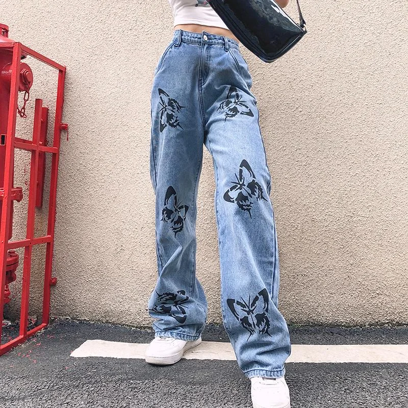 Butterfly Pattern Women's High Waist Jeans Elegant Tapered Leg Denim