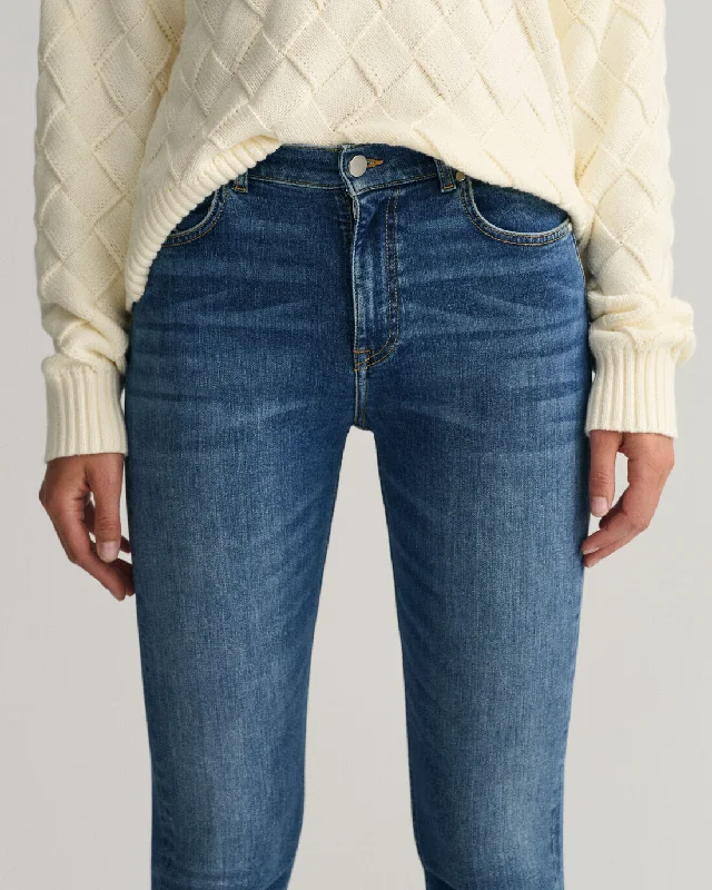 Cropped Slim Jeans - Mid Blue Worn In Comfortable Low-Rise Jeans