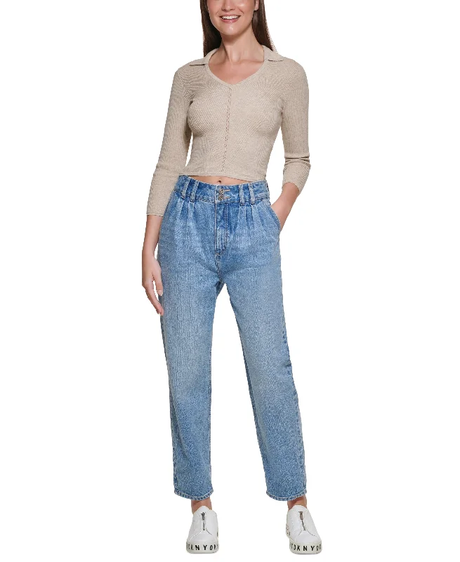 DKNY Jeans Womens Pleated Jeans Fashionable Vintage Wash Jeans