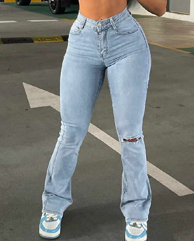 Flare Stretch Jeans High Waist Loose Comfortable Ripped Jeans Women Chic Dark-Wash Skinny Jeans Flare Stretch Jeans High Waist Loose Comfortable Ripped Jeans Women Chic Dark-Wash Skinny Jeans
