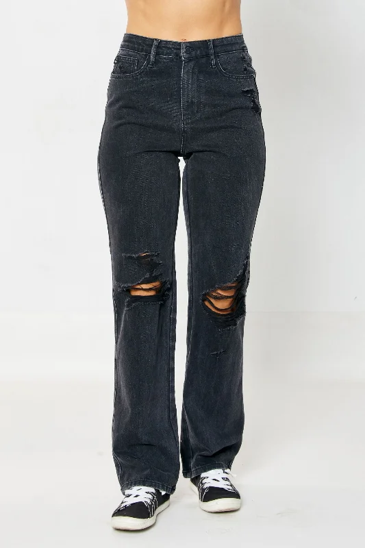 Judy Blue High Rise Rigid Magic 90's Distressed Straight Jeans in Black 88737 Cozy Relaxed Fit Denim Jeans Judy Blue High Rise Rigid Magic 90's Distressed Straight Jeans in Black 88737 Cozy Relaxed Fit Denim Jeans