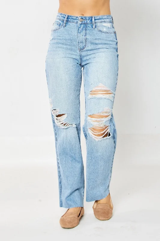 Judy Blue High Waist Rigid Magic Destroy 90's Rainbow Thread Straight Jeans 88671 Trendy Wide-Legged High-Waist Jeans