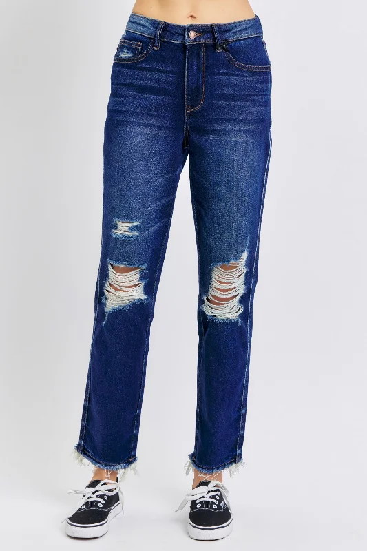 Judy Blue High Waist Rigid Magic Heavy Destroy Straight Jeans 88819 Elegant Dark-Wash Bootcut Jeans Judy Blue High Waist Rigid Magic Heavy Destroy Straight Jeans 88819 Elegant Dark-Wash Bootcut Jeans