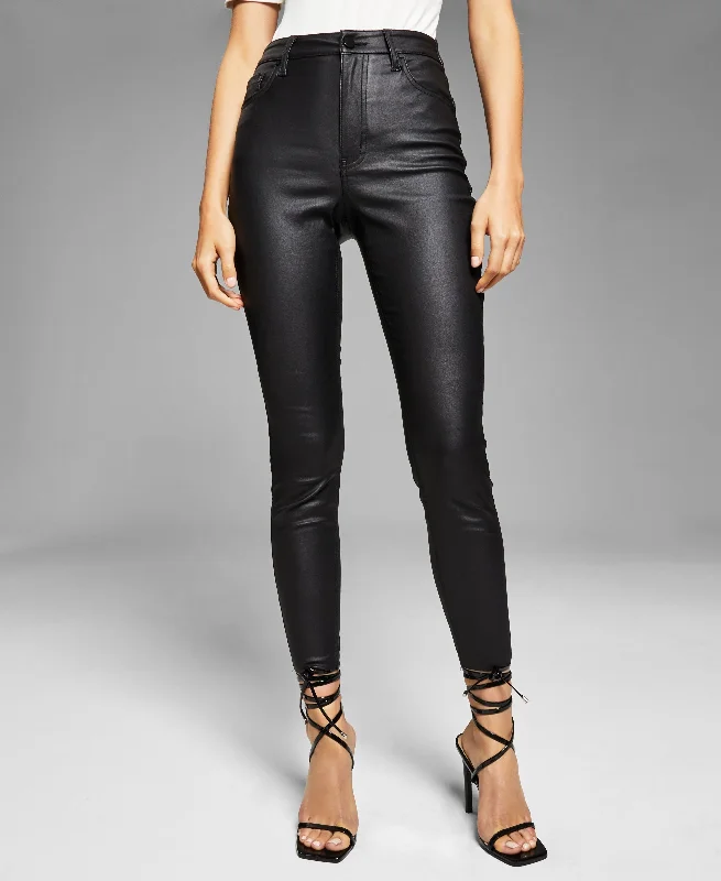 Woman's Coated Frayed Hem Skinny Denim Jeans Comfortable Faded High-Rise Jeans