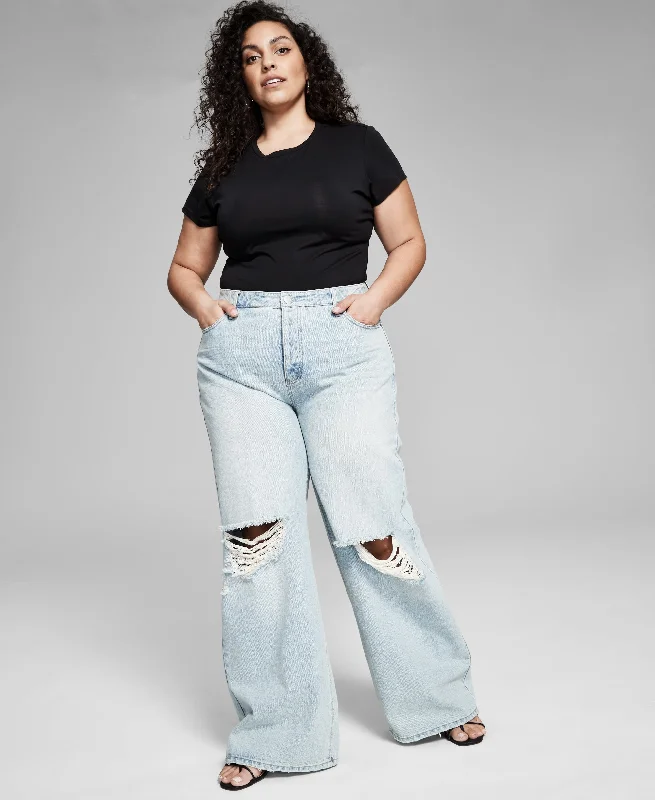 Now This Trendy Plus Size Cotton Ripped Wide Leg Jeans Fashionable Slim Fit Jeans
