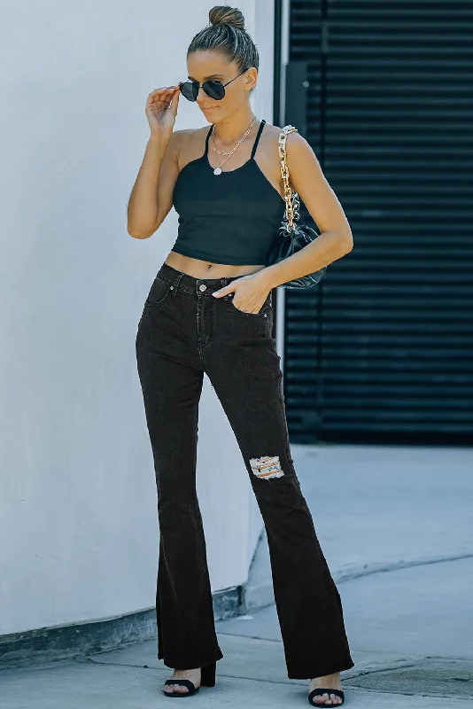 Ripped Slit Legs Flare Jeans Trendy Pleated Waist Jeans