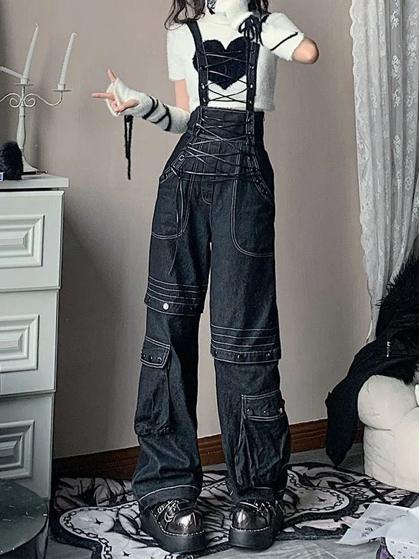 Lace-up Suspenders Jeans【s0000000301】 Comfortable Low-Rise Jeans