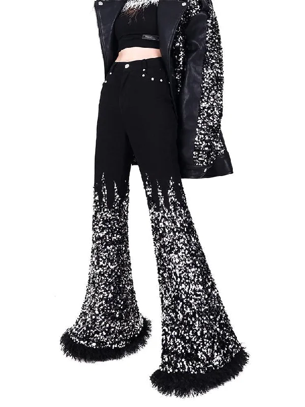 Sequin Stitching Big Horn Jeans【s0000000318】 Trendy Flared Leg Jeans