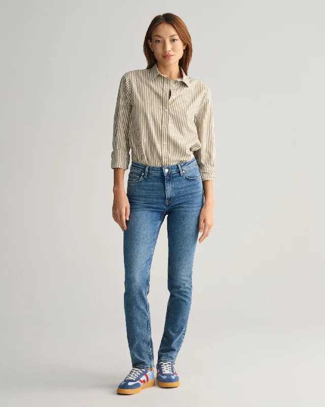 Slim Fit Super Stretch Jeans - Mid Blue Broken In Trendy Flared Leg Jeans