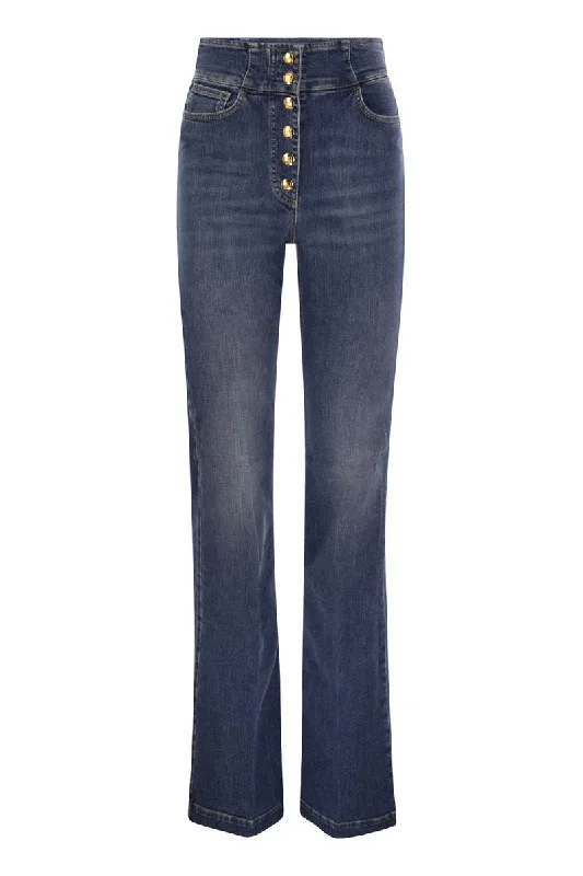 Stretch cotton flared jeans with central button placket Trendy Plus Size Jeans