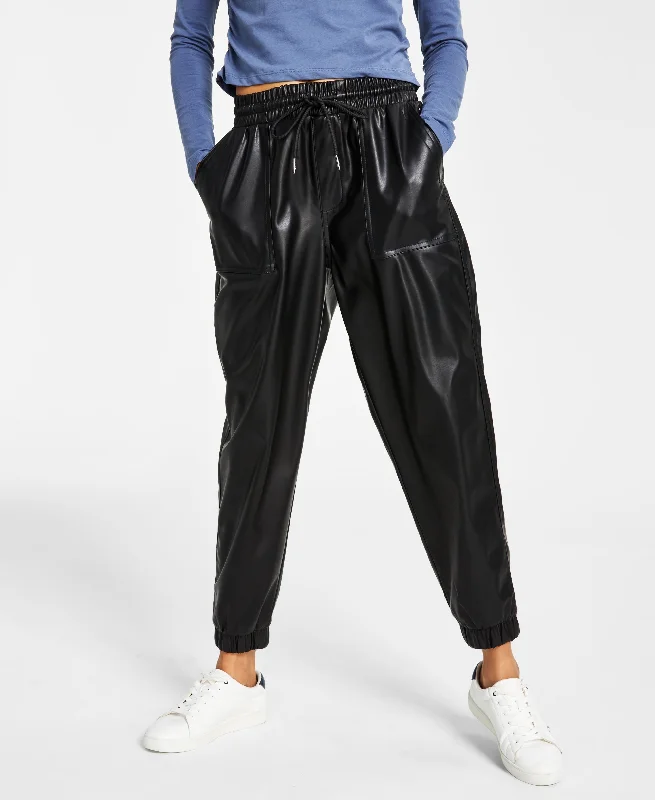 Tommy Jeans Womens Faux Leather Joggers Trendy Classic Fit Jeans