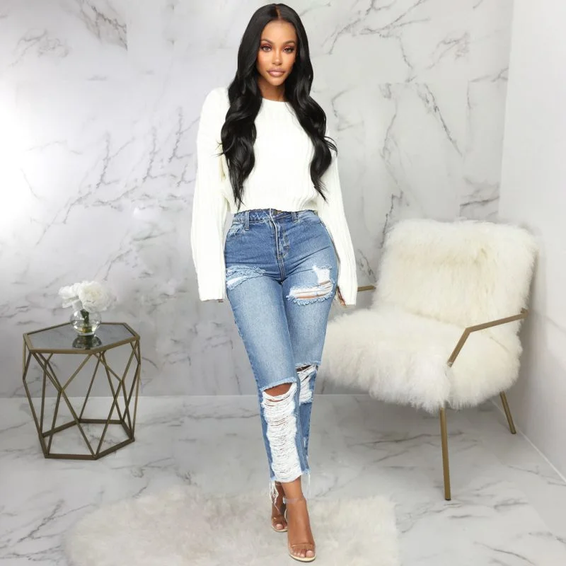 Unique Stone-Washed Raw Hem Ripped Straight Jeans Comfortable Straight-Legged Denim