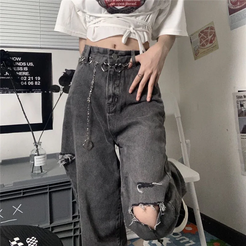 Vintage Streetwear Y2k Dark Gray Ripped Jeans For Women Trendy Plus Size Jeans