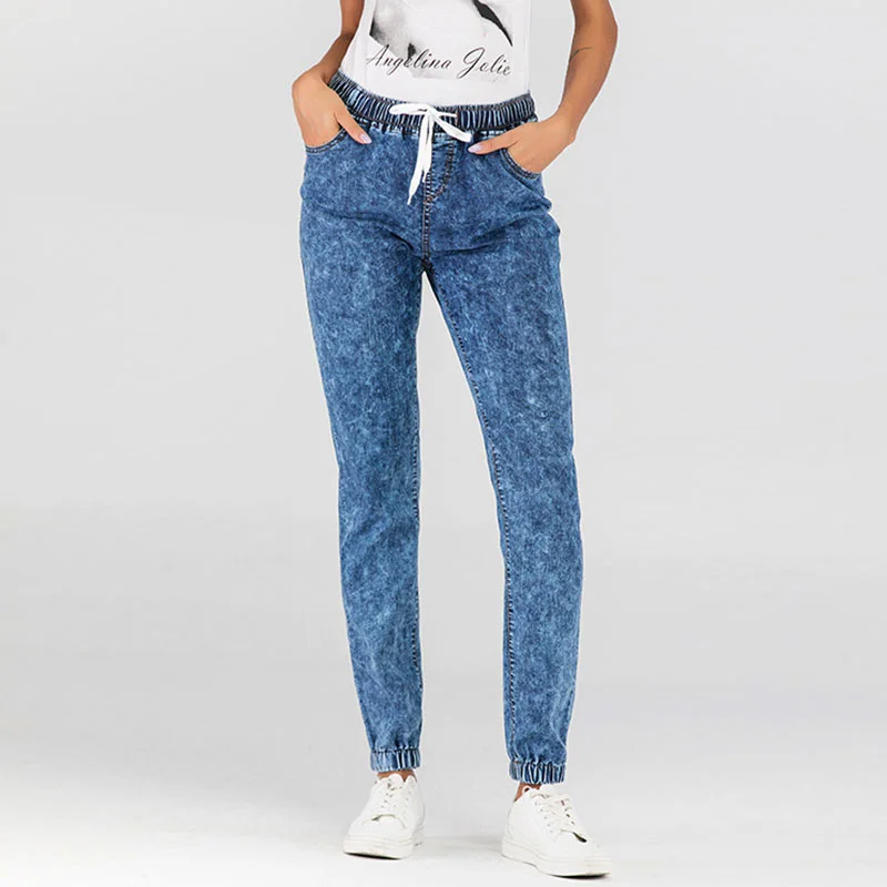 Women Elastic Waist Lace-Up Harem Jeans Comfortable Ankle Jeans