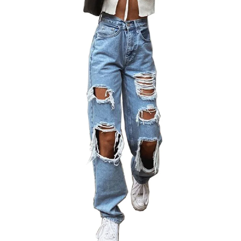 Womens Ripped Loose Fit Jeans Wide Leg For Women High Waist Blue Wash Fashionable Relaxed Fit Denim Womens Ripped Loose Fit Jeans Wide Leg For Women High Waist Blue Wash Fashionable Relaxed Fit Denim