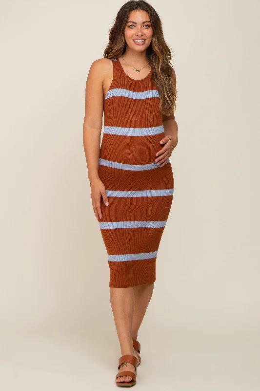 Brown Blue Striped Sleeveless Sweater Maternity Midi Dress Real Fur Shearling Chenille