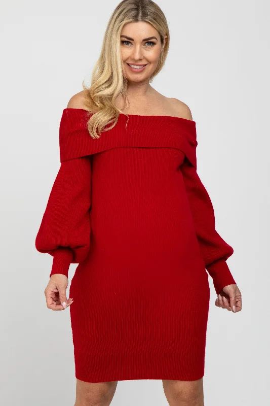 Red Off Shoulder Bubble Sleeve Maternity Sweater Dress Fleece Sweater Nylon Polyester