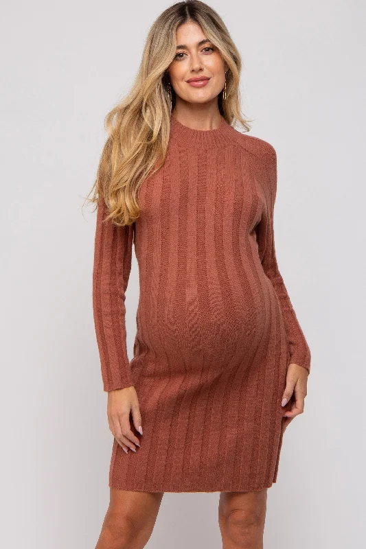 Rust Knit Cutout Back Maternity Sweater Dress High Neck Crew Neck V-Neck