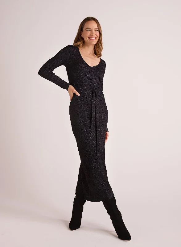 Long Sleeve Maxi Sweater Dress - Black with  Metallic Chenille Blend Fleece Blend Nylon Blend