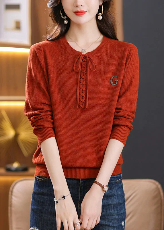 Beautiful Brick Red O Neck Lace Up Knit Short Sweater Spring Spandex Blend Rayon Blend Denim Blend