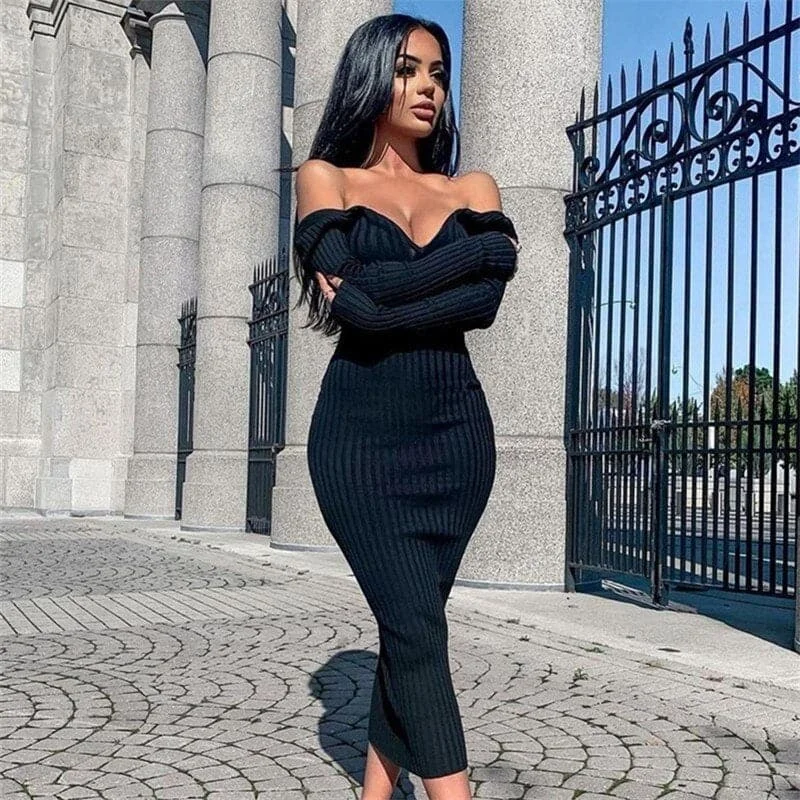 Sexy Strapless Ribbed Knitted Long Sleeve Sweater Dress Tailored Straight A-Line