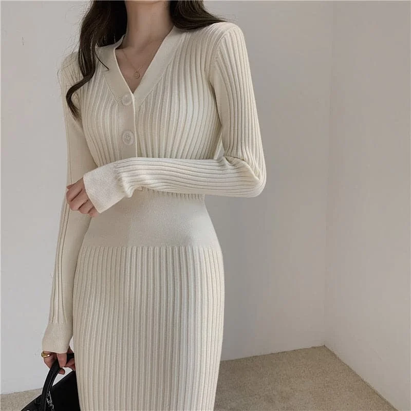 Women Slim Vintage Knitted Long Sleeve Sweater Dresses Elasticated Padded Insulated