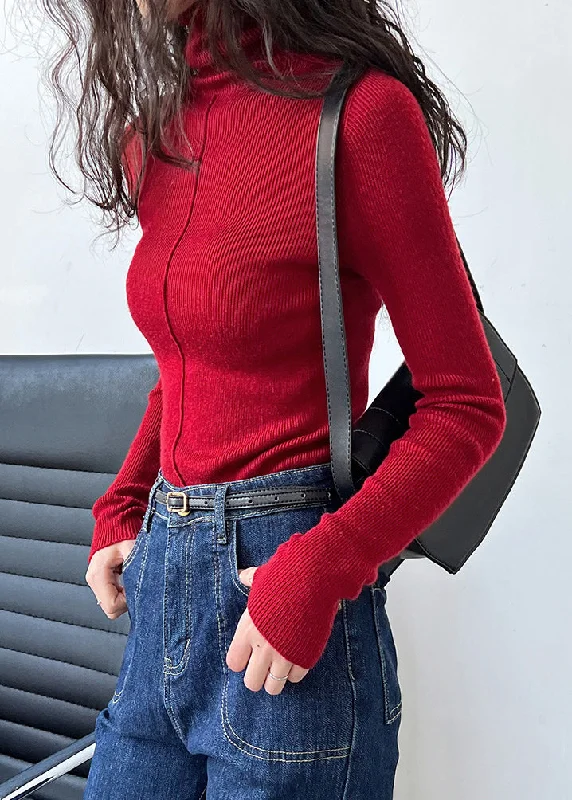 Boho Red Turtleneck Cotton Knit Sweaters Fall Open Front Closed Front Wrap Front