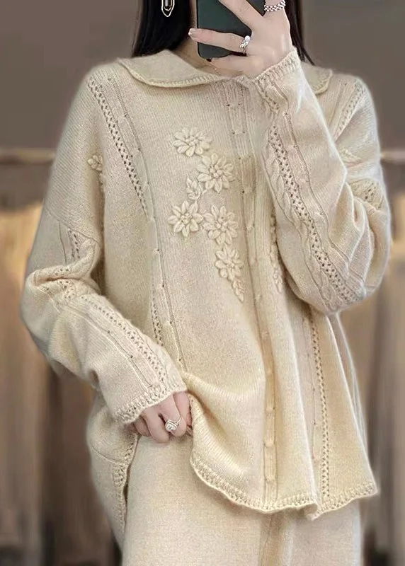 Boutique Beige Peter Pan Collar Ruffled Patchwork Floral Wool Knit Sweaters Spring Velvet Chenille Corduroy