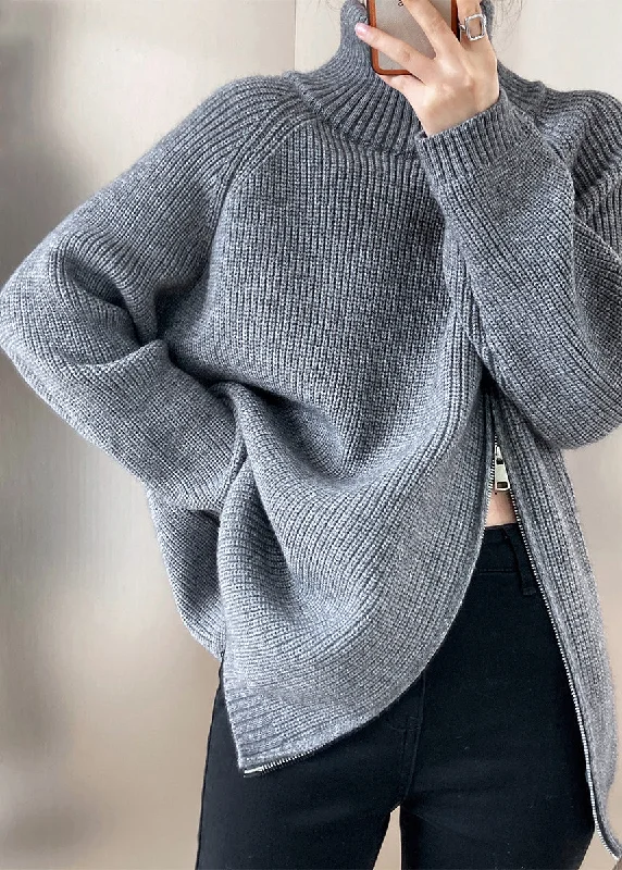 Casual Grey Turtleneck Thick Cotton Knit Sweaters Fall Solid Color Striped Floral Print