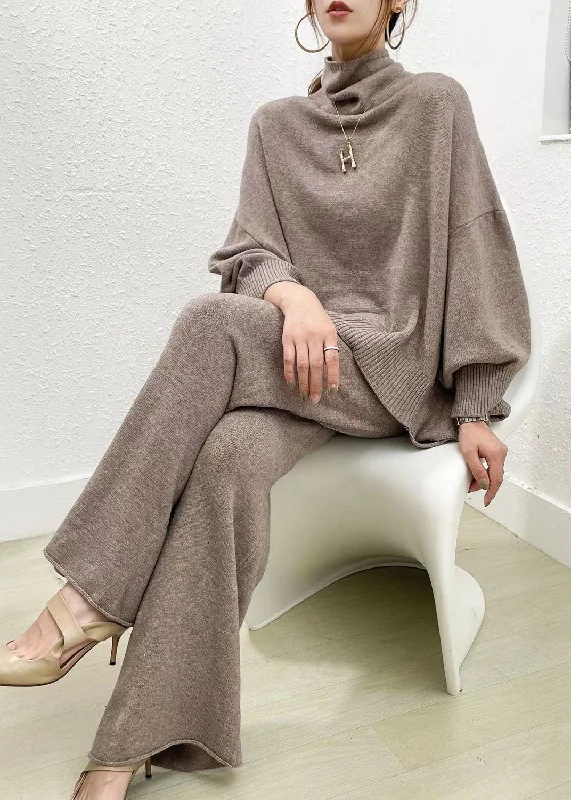 Classy Camel Sweaters And Wide Leg Pants Knit Two Piece Set Spring Neon Metallic Matte