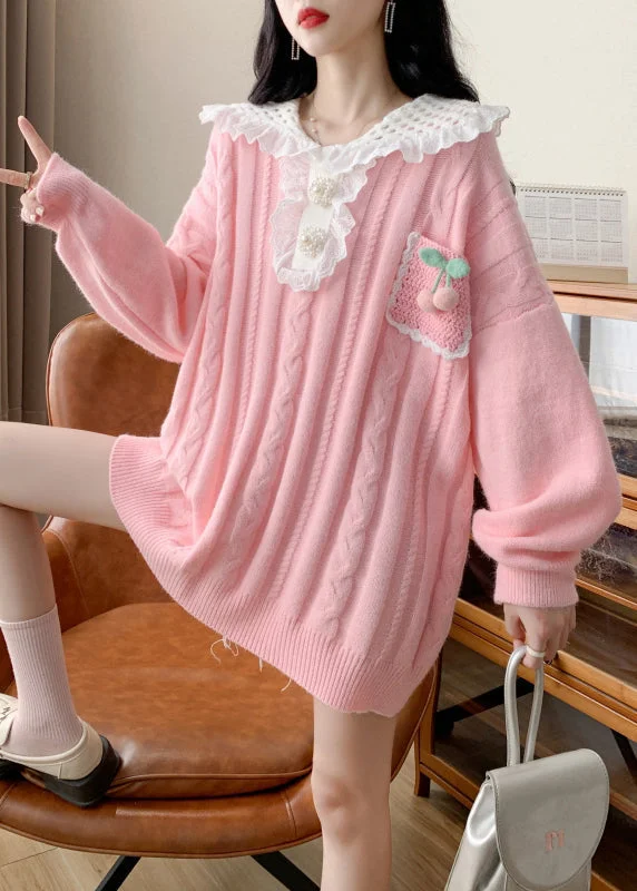 Cute Pink Peter Pan Collar Cotton Knit Sweater Spring Print Jacquard Patchwork