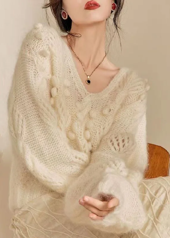 French Beige V Neck Hollow Out Knit Sweater Tops Spring Bright Pastel Dark