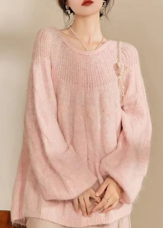 French Pink O Neck Hollow Out Knitted Sweaters Tops Spring Glossy Satin Silk