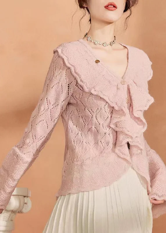 French Pink Ruffled Hollow Out Knit Sweaters Flare Sleeve Transparent Opaque Sheer