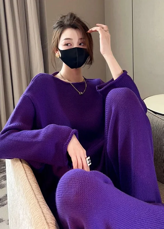 French Purple O Neck Knit Sweaters And Pants Two Pieces Set Fall Knit Fabric Woven Fabric Fleece Fabric