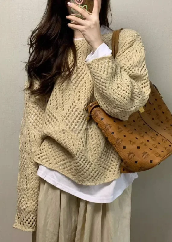 Handmade Apricot Hollow Out Knit Sweater Fall Fitted Loose Oversized